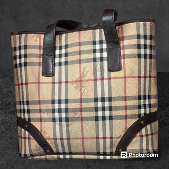 Burberry London Haymarket Check Studded Medium Tote Chocolate - Picture 1 of 13